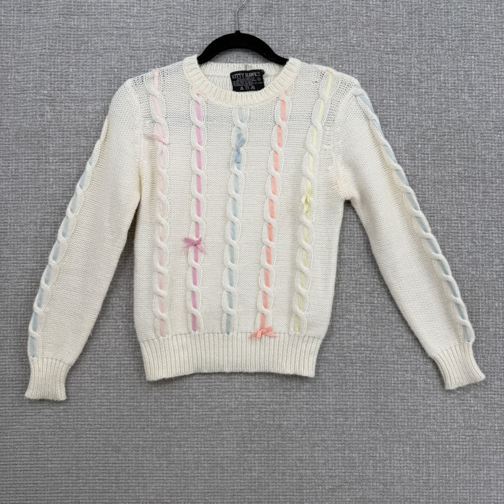 Vtg Kitty Hawk Pastel Ribbon Cable Knit Sweater Women S Cream Coquette